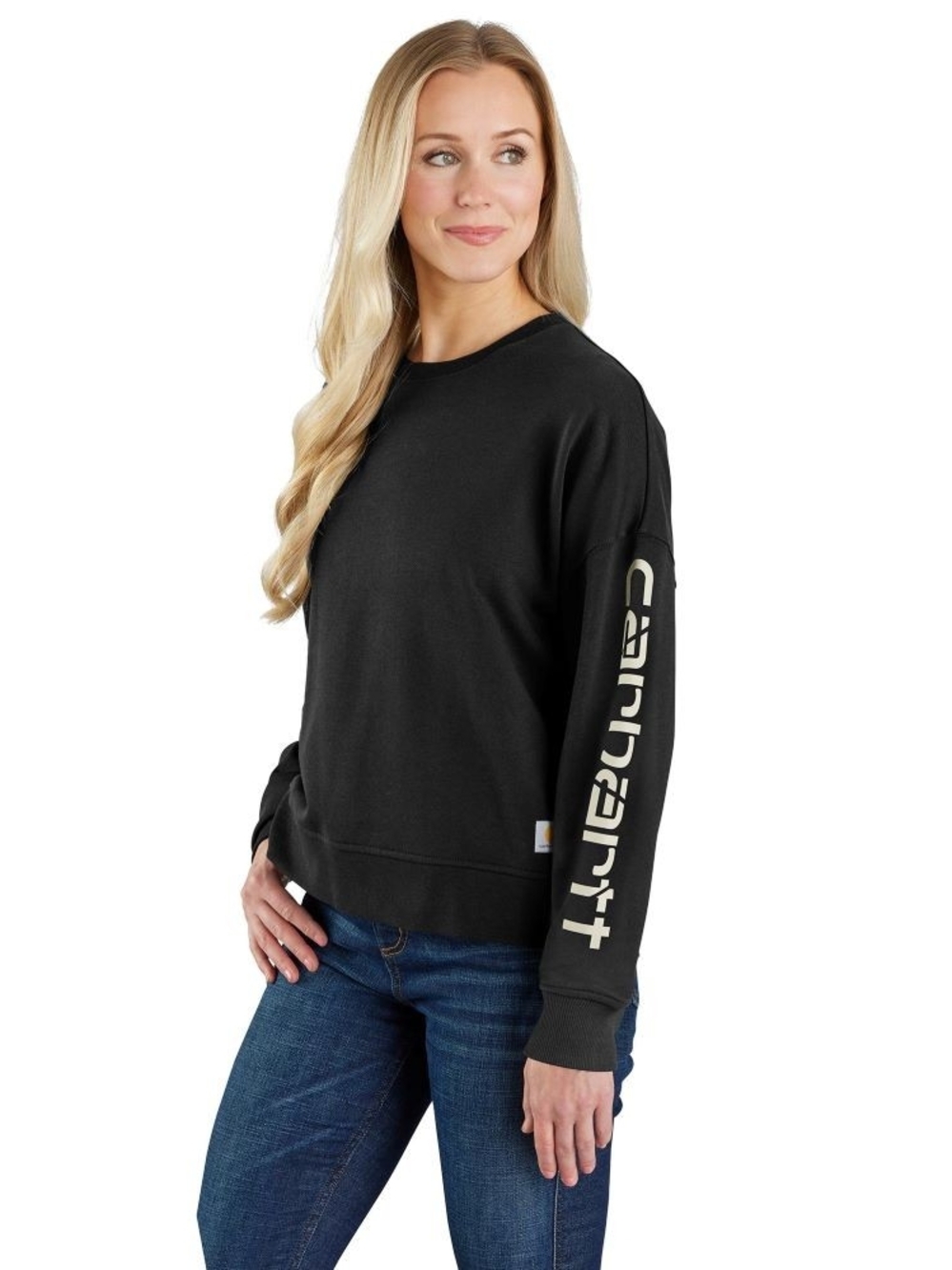 🆕 Carhartt Women's Black Tencel Sleeve Graphic Crewneck Sweatshirt